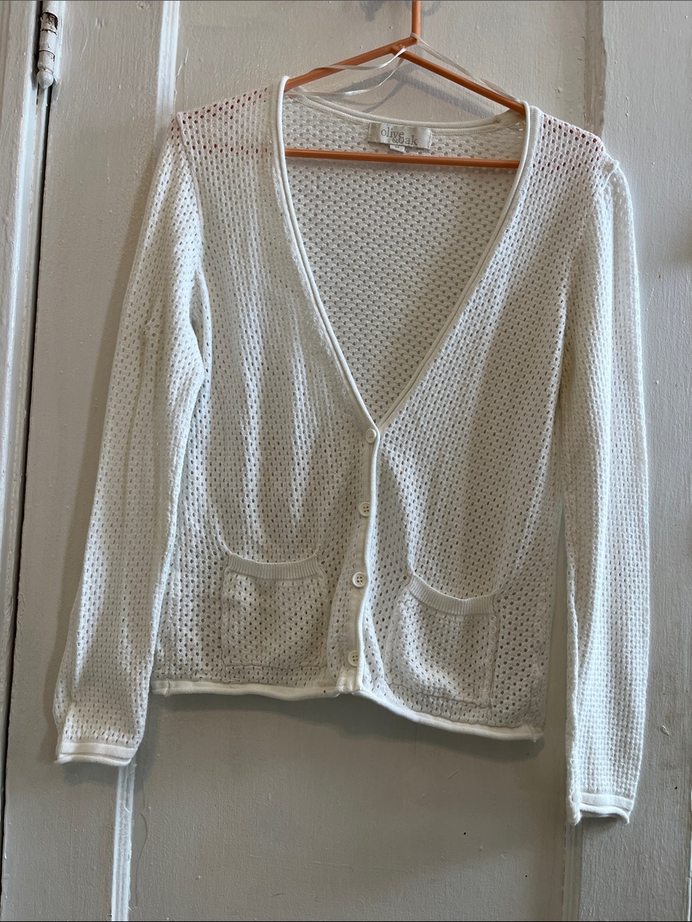 Olive & Oak Lightweight White Open-Knit V-Neck Cardigan